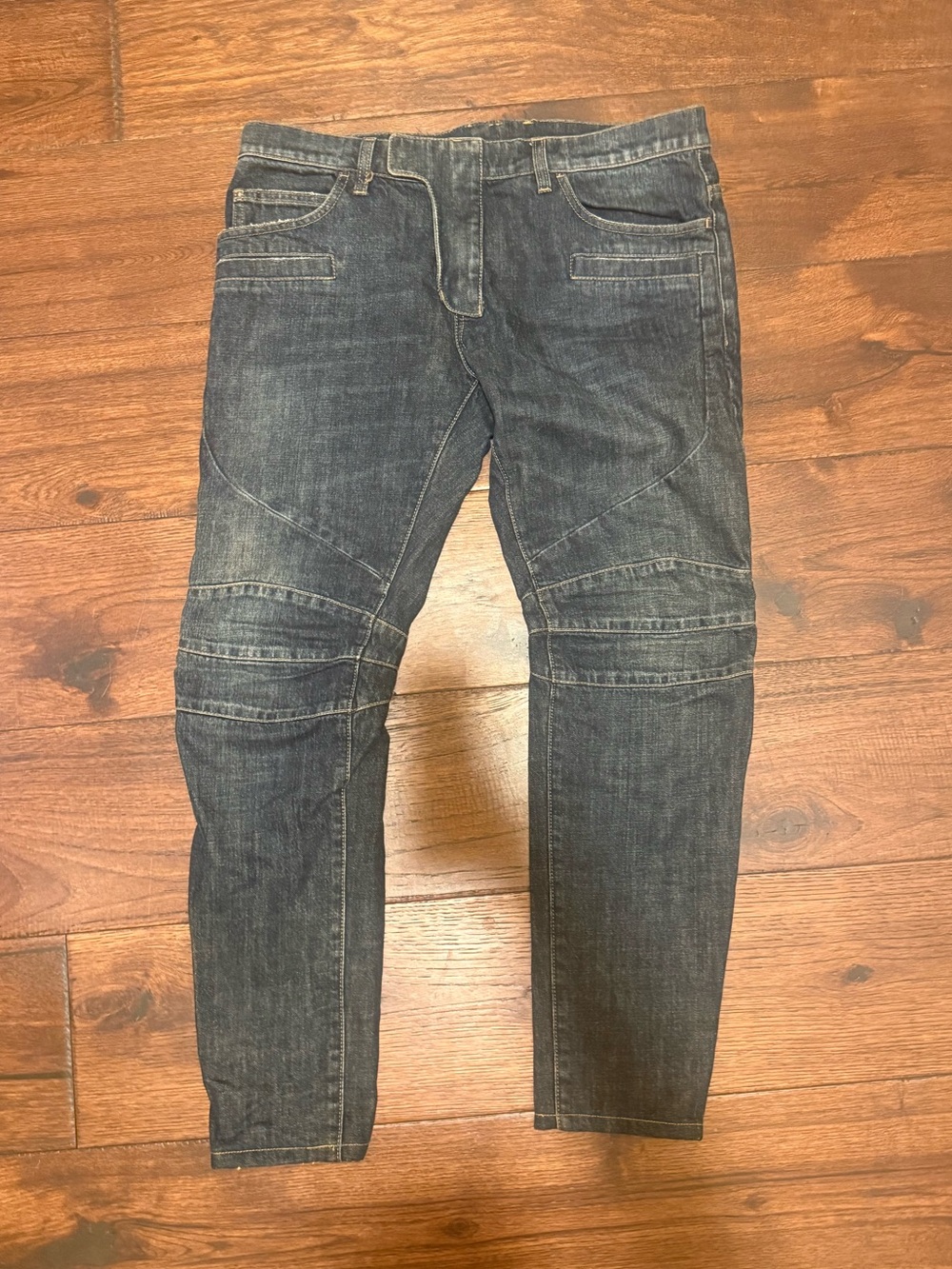 BALMAIN PARIS MENS BIKER MOTO DENIM JEANS, SIZE 34, INDIGO BLUE WASH